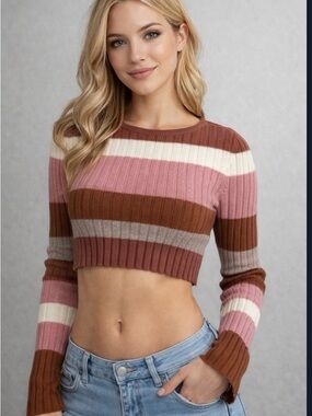 New! Altr’d State Womens Colorful Striped Ribbed cropped sweater Long Sleeve S